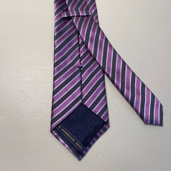ERMENEGILDO ZEGNA Purple Black Silver Striped 100% Silk Tie Made In Italy - Picture 5 of 8